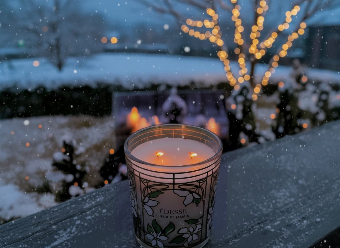 Lit Édesse Fragrances decorative scented candle placed in a snowy winter setting with blurred light, highlighting its warm glow and Art Nouveau floral glass design.