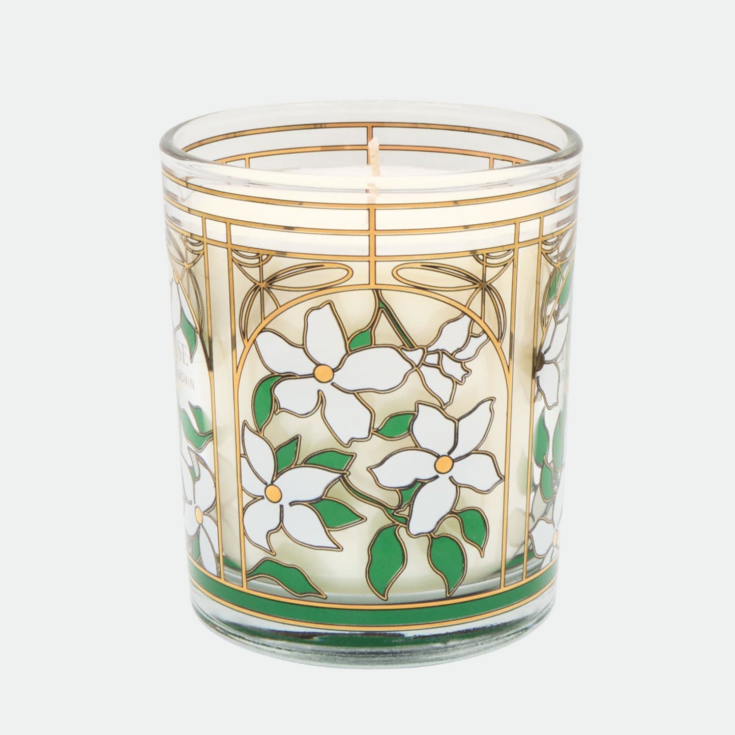 Édesse Lueur de Jasmin decorative scented candle in Art Nouveau glass with real gold Jasmine flower motifs.