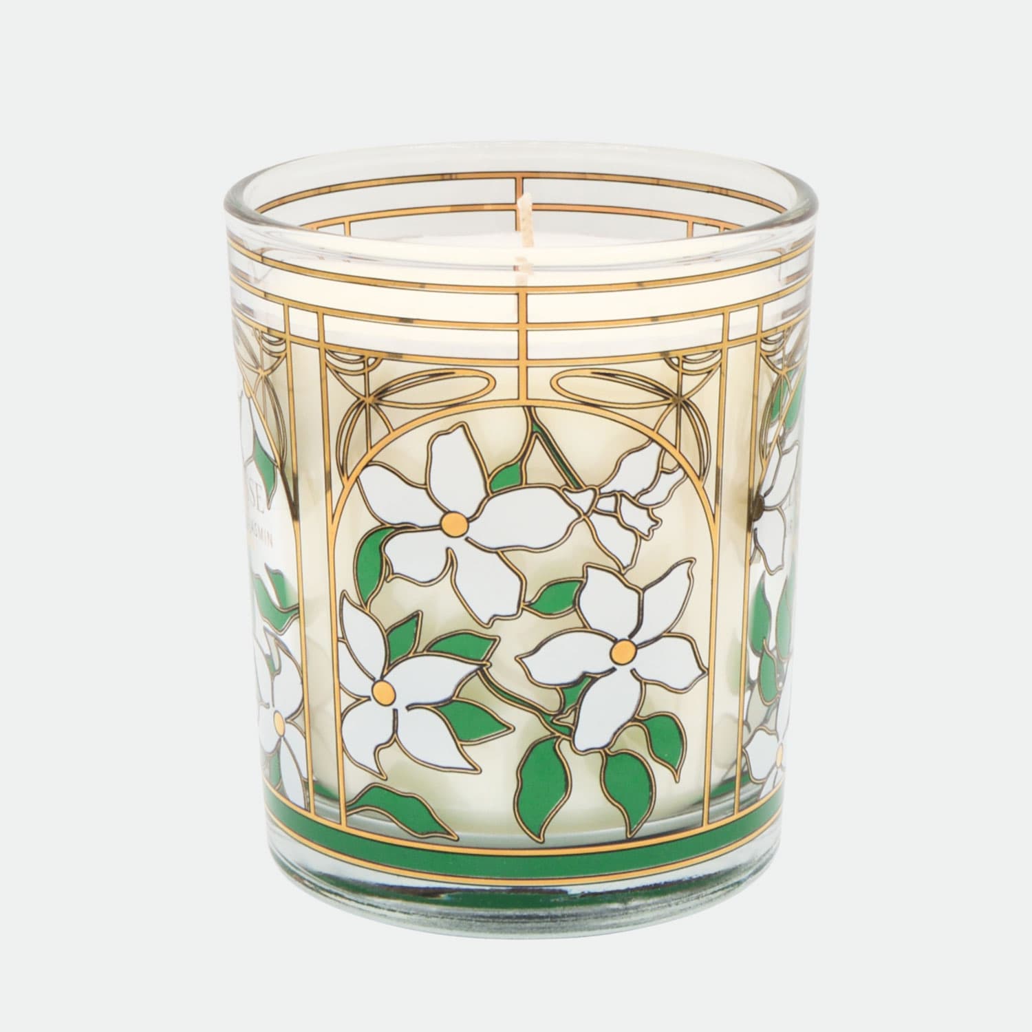 Édesse Lueur de Jasmin decorative scented candle in Art Nouveau glass with real gold Jasmine flower motifs.