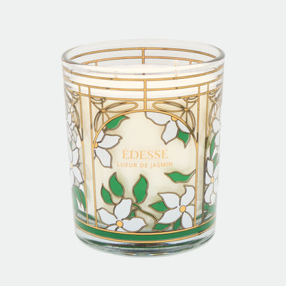 Édesse Lueur de Jasmin decorative scented candle in Art Nouveau glass with real gold Jasmine flower motifs.