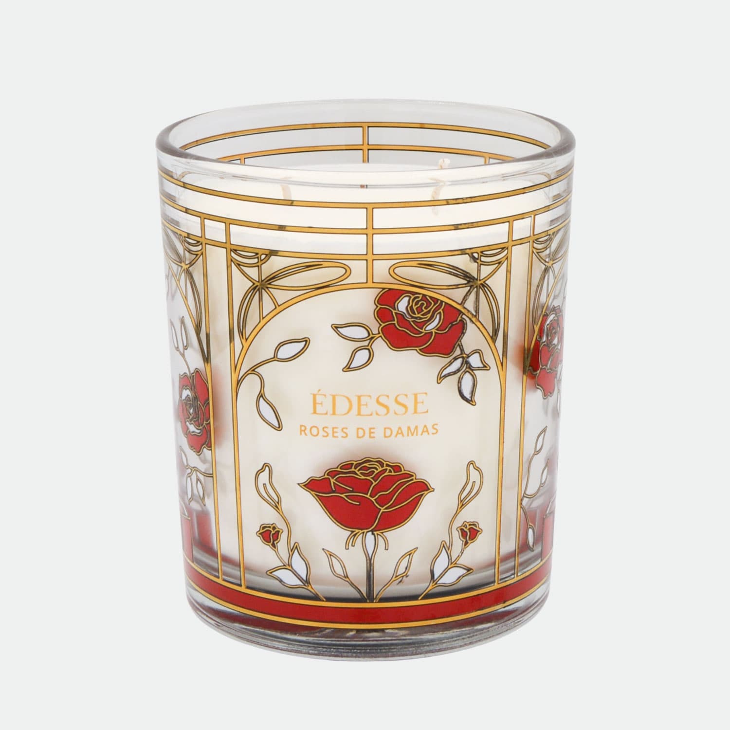 Édesse Roses de Damas decorative scented candle in Art Nouveau glass with real gold Damascus rose flower motifs.