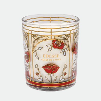 Édesse Roses de Damas decorative scented candle in Art Nouveau glass with real gold Damascus rose flower motifs.