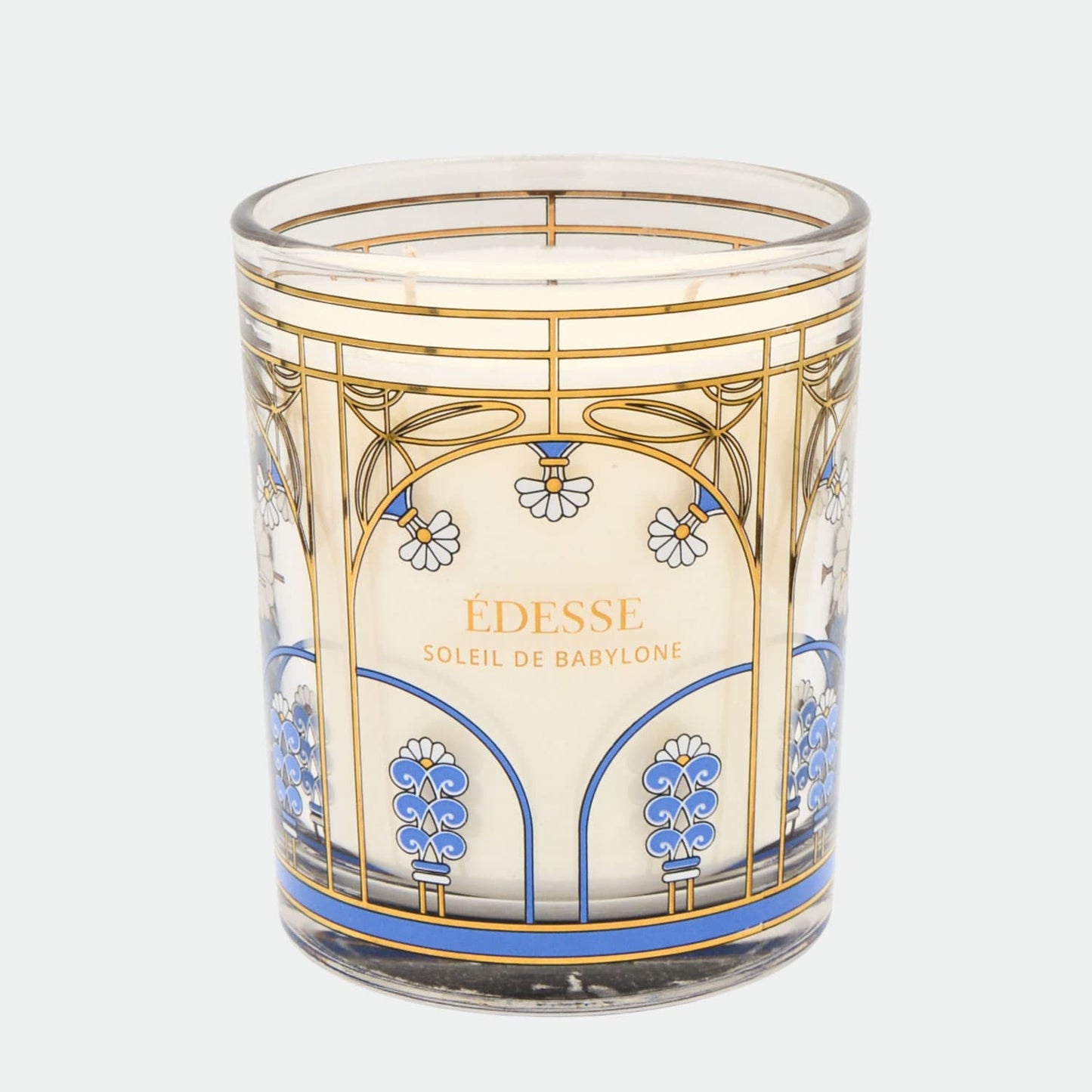 Édesse Soleil de Babylone decorative scented candle in Art Nouveau glass with real gold Babylonian motifs.