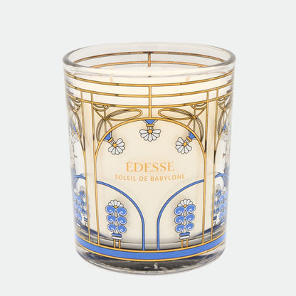Édesse Soleil de Babylone decorative scented candle in Art Nouveau glass with real gold Babylonian motifs.